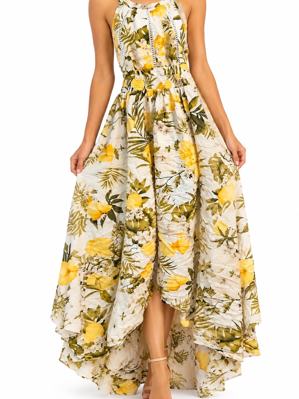 Fashion Nova Yellow & Olive Floral High-Low Maxi Dress